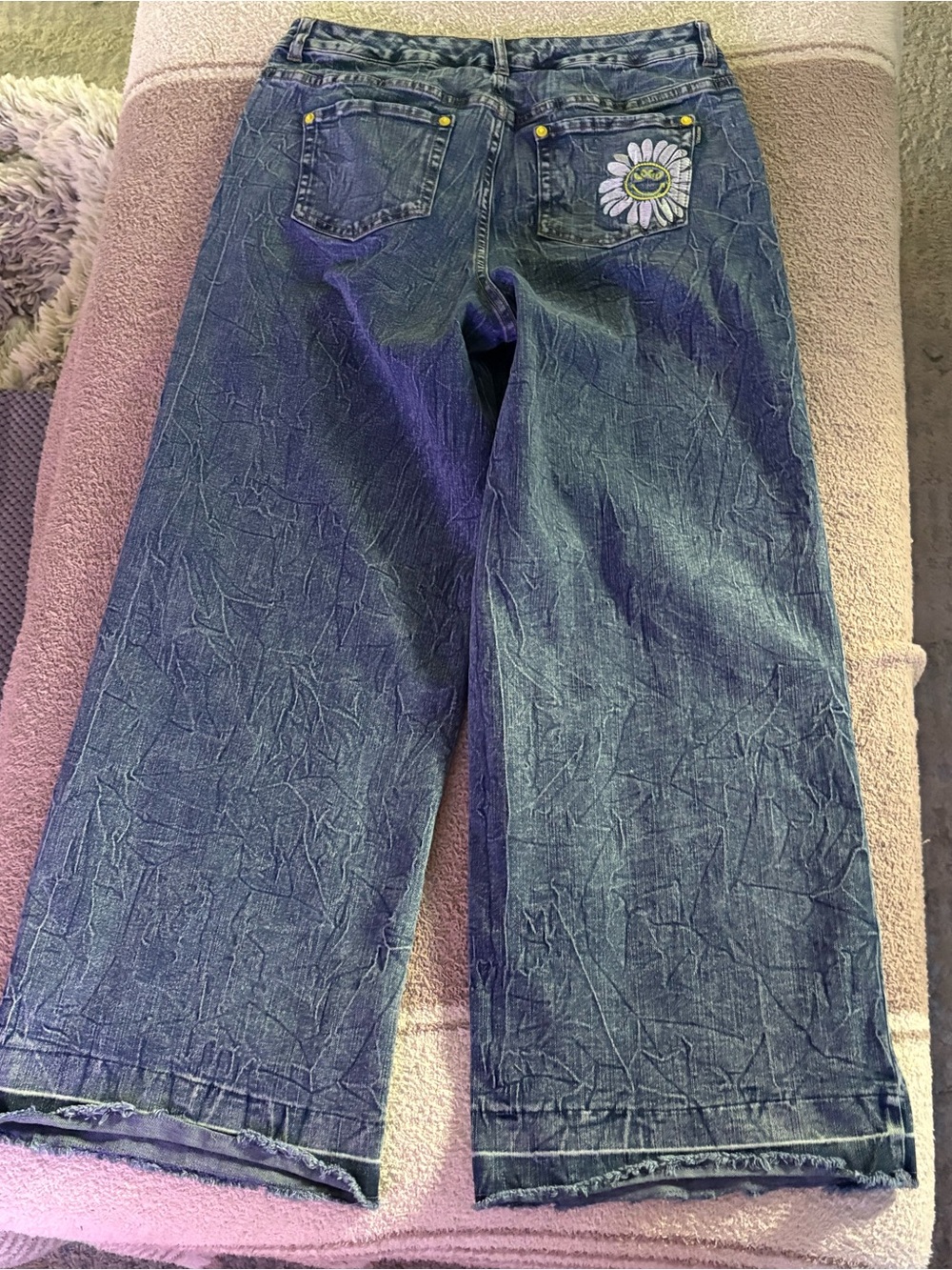 Wide Leg Denim Jeans with Daisy Patch - Blue